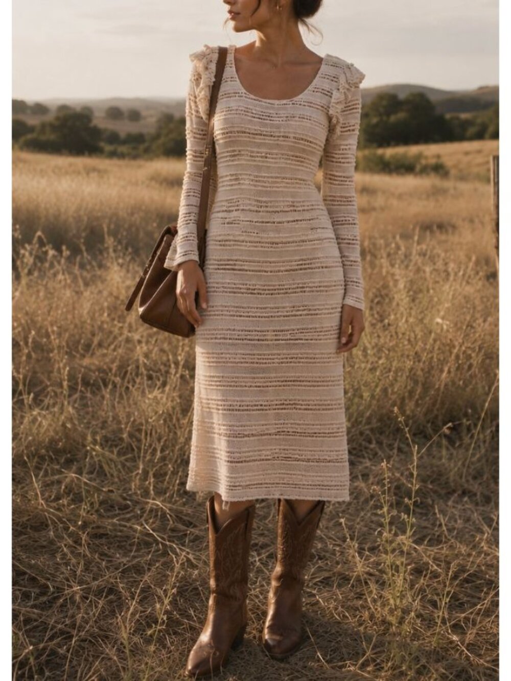 NWOT DRA Ivory Long Sleeve Midi Dress S Boho Bodycon Neutral Boho Minimalist